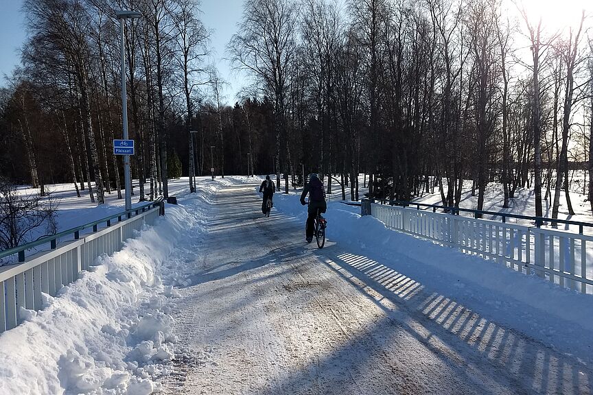 Oulu_Matthias_Rohr_(7) Ein gut gestreuter Radweg in der Natur mit zwei Radfahrer:innen.