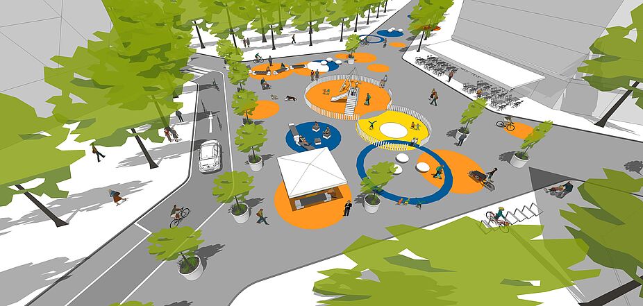 Grafik Umgestalteter Kreuzungsbereich in einem Superblock in Barcelona Grafik Umgestalteter Kreuzungsbereich in einem Superblock in Barcelona