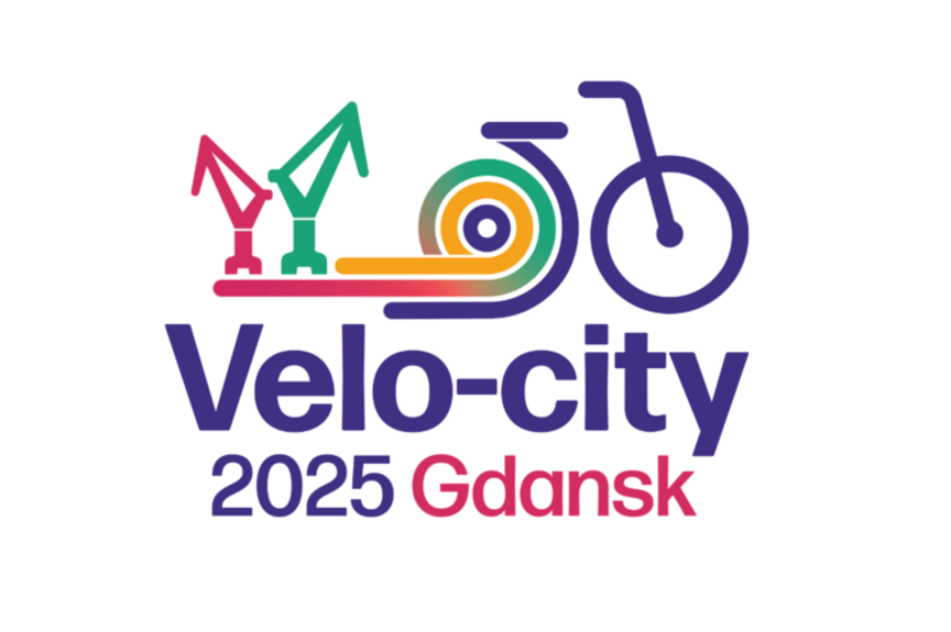 Logo Velo-city 2025 Das Logo der Velo-city 2025 Konferenz in Danzig zeigt einen stilisierten Hafenkran und ein Fahrrad in bunten Farben.